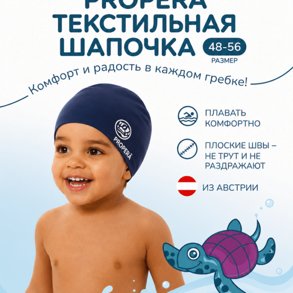 Ребенок в темно-синей детской текстильной шапочке для плавания PROPERĀ FlexiFit Junior 48–56 см