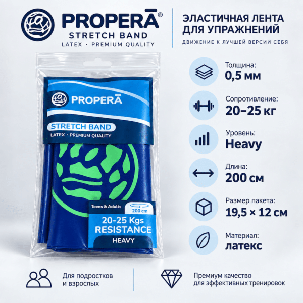 Характеристики эластичной ленты-эспандера PROPERĀ Stretch Band Heavy 0,5 мм 20–25 кг